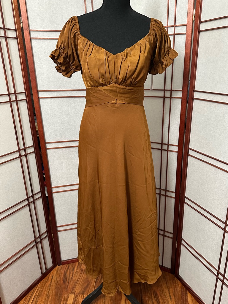 Rust Brown Midi Dress With Puff Sleeves